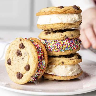 Chocolate chip cookie ice cream sandwiches with 3 flavor options